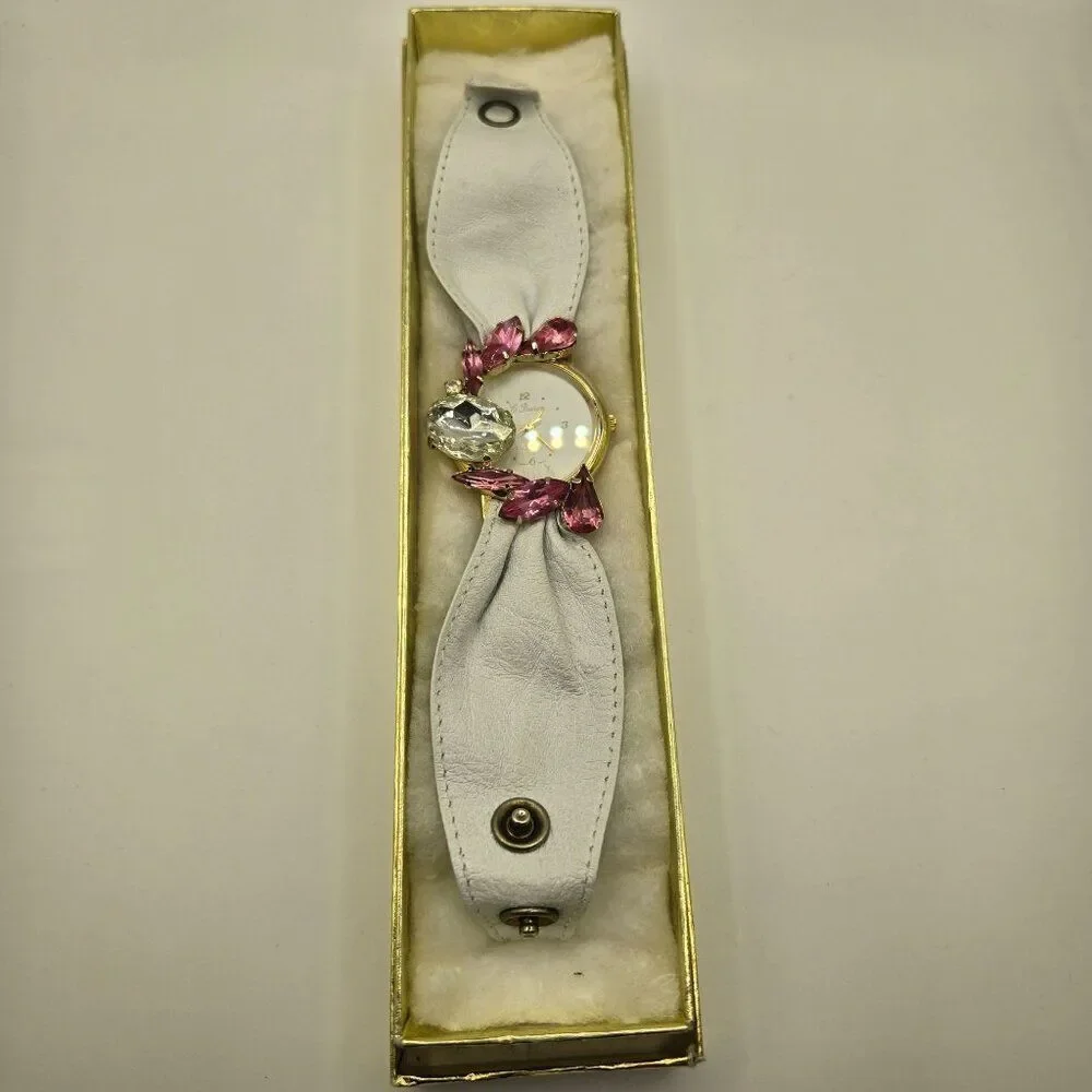 Vintage 80s Le Baron Watch Bracelet White Leather Crystal Pink Glam